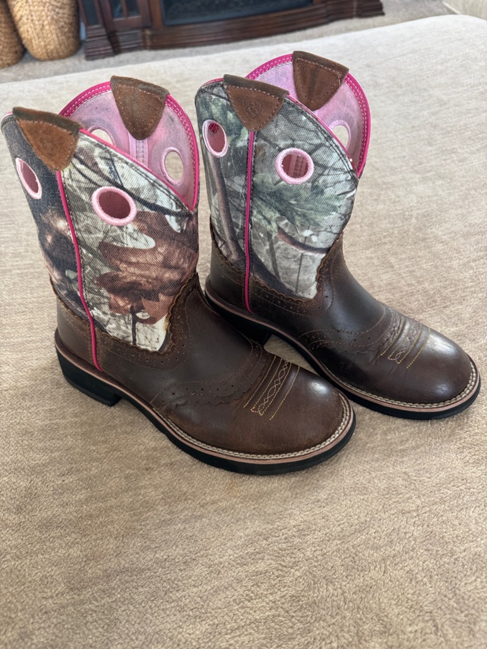 Ariat Brown Leather Heeled Boots with Pink Camo Shaft